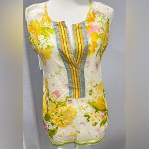 Tiny by Anthropologie Yellow Floral Prink Silk Blend Sleeveless Top Size XS
